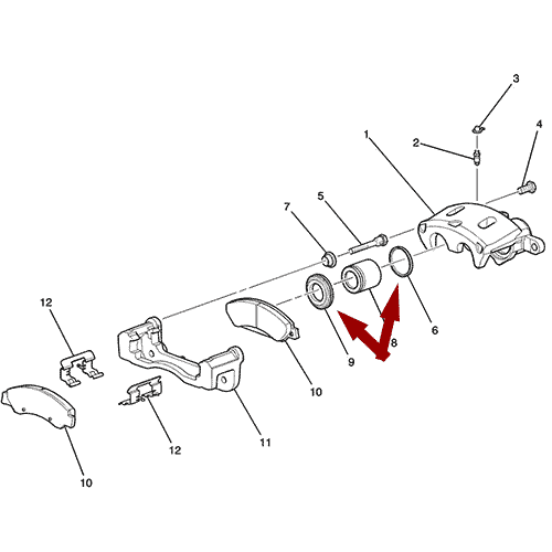 Схема расположения ремкомплекта суппорта тормозного на Cadillac Escalade | Кадиллак Эскалейд 02–06 года выпуска