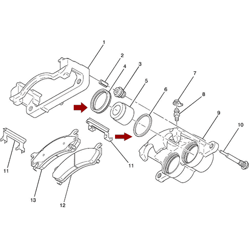 Схема расположения ремкомплекта суппорта тормозного на Chevrolet Avalanche | Шевроле Аваланч 02–06 года выпуска