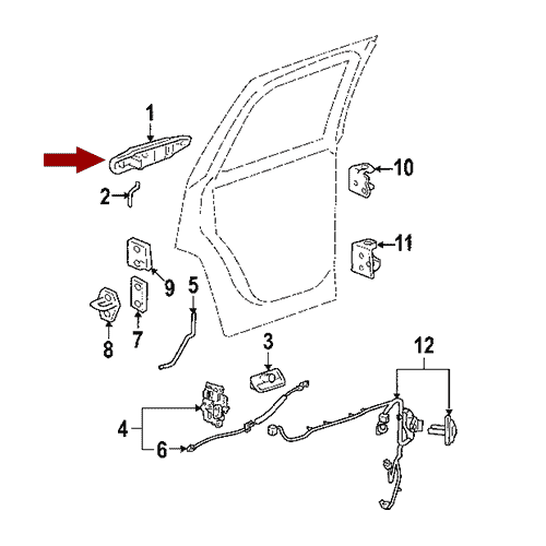 Схема расположения ручки наружней задней двери на Chevrolet Tahoe | Шевроле Тахо 07–14 года выпуска 