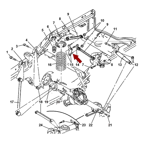 Схема расположения рычага маятникового задней подвески на Chrysler Aspen | Крайслер Аспен 07–09 года выпуска 