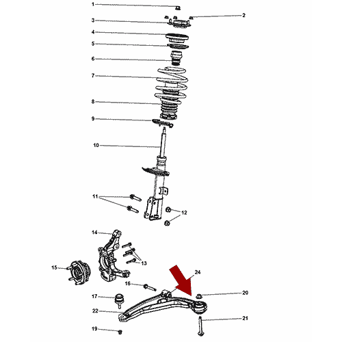 Схема расположения сайлентблока переднего нижнего рычага заднего на Додж Авенджер 08–14 года выпуска