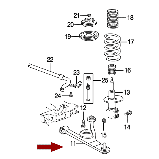 Схема расположения сайлентблока переднего переднего рычага на Крайслере Пт Круизер 00-10 годов выпуска