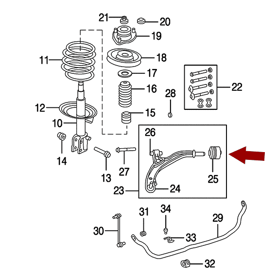Схема расположения сайлентблока рычага нижнего переднего заднего на Крайслере Вояджер 96-07 годов выпуска