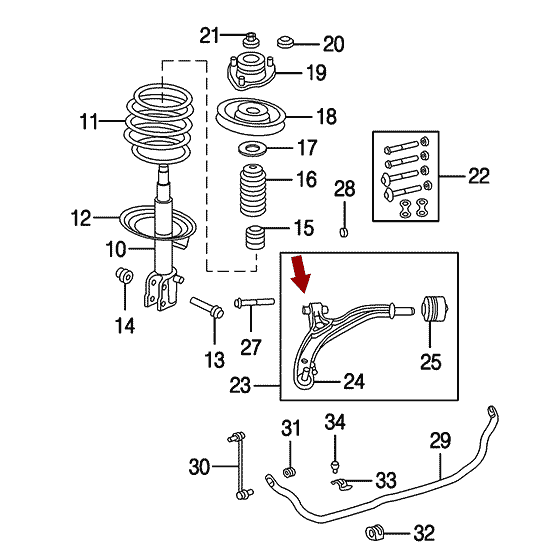 Схема расположения сайлентблока рычага нижнего переднего на Крайслере Таун Кантри 97- годов выпуска