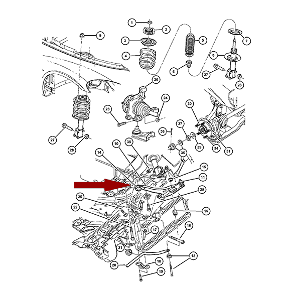 Схема расположения сайлентблока заднего переднего рычага на Крайслере Пт Круизер 01-10 годов выпуска