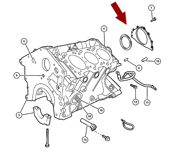 Схема расположения сальника коленвала заднего в копусе на Крайслере 300С 04-10 годов выпуска внутренний