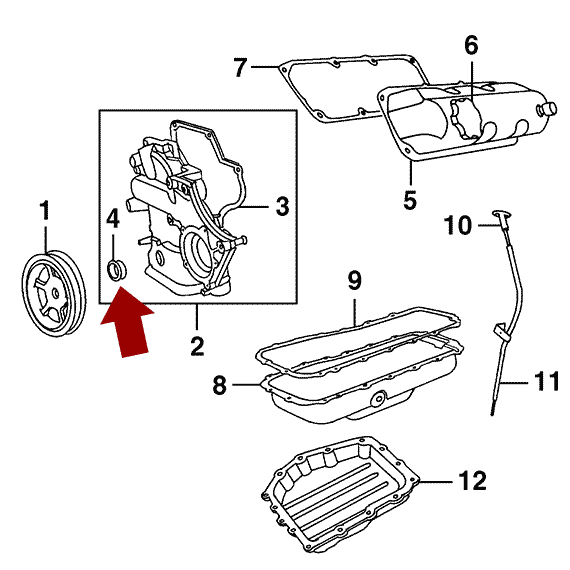 Схема расположения сальника коленвала переднего на Крайслере Вояджер 01-03 годов выпуска внутренний