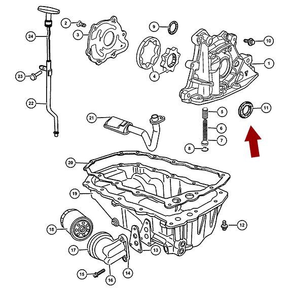 Схема расположения сальника коленвала переднего на Крайслере Пт Крузер 01-08 годов выпуска внутренний