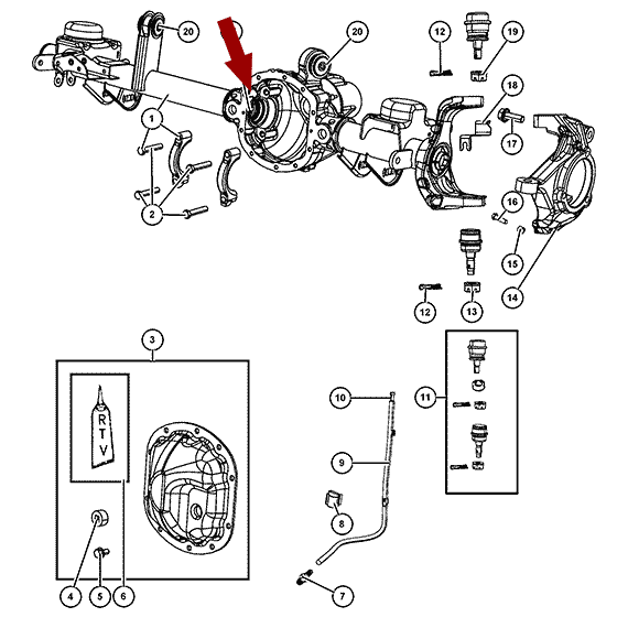 Схема расположения сальника полуоси переднего моста Dana 44 на Jeep Wrangler | Джипе Вранглер 07-15 годов выпуска