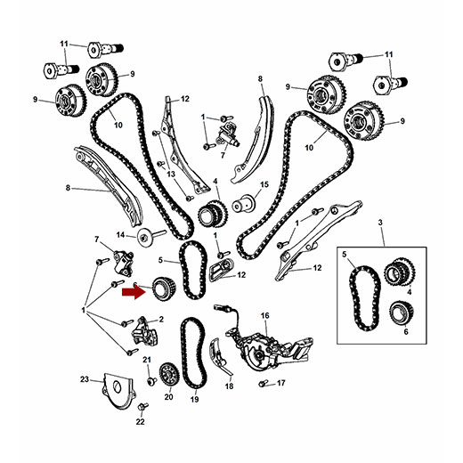 Схема расположения шестерни привода коленвала двигателя на Крайслере Таун Кантри 11–16 года выпуска