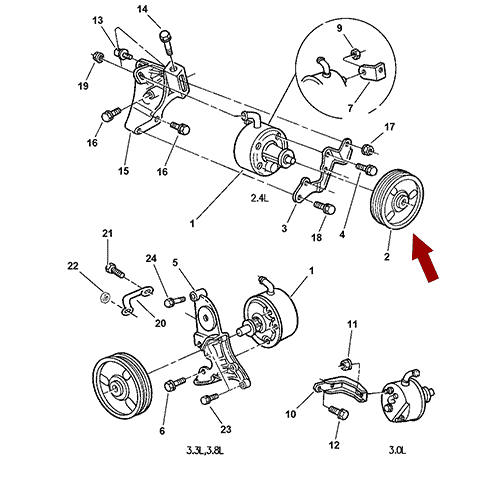 Схема расположения шкива насоса гидроусилителя руля на Крайслере Вояджер года выпуска