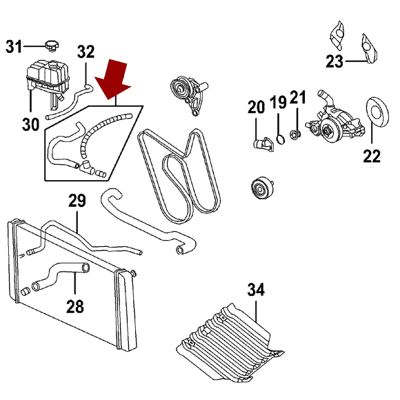Схема расположения шланга системы охлаждения на Cadillac Escalade | Кадилаке Эскалейд 07-14 годов выпуска