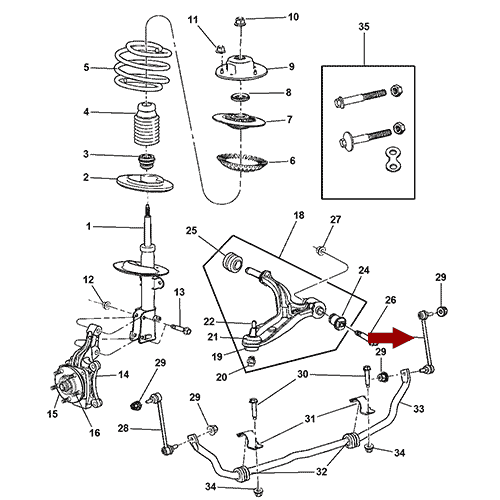 Схема расположения стойки стабилизатора передней Крайслер Таун Кантри 01-07