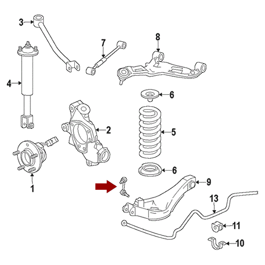 Схема расположения левой стойки заднего стабилизатора на Cadillac CTS | Кадиллаке ЦТС 08-13 годов выпуска
