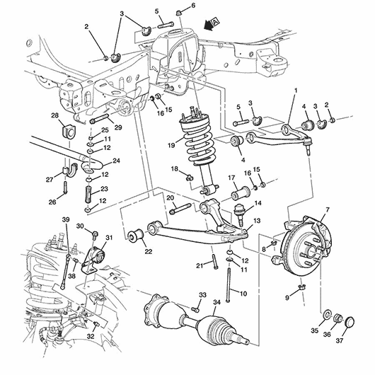 Схема расположения ступицы передней в сборе на Cadillac Escalade| Кадиллаке Эскалейд 07–14 года выпуска