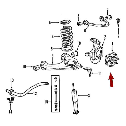 Схема расположения ступицы передней в сборе на Chevrolet Tahoe | Шевроле Тахо 07–14 годов выпуска