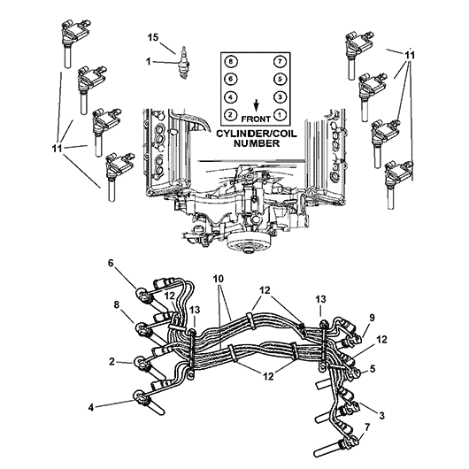 Схема расположения свечи зажигания на Chrysler 300C | Крайслере 300С (Ц) 05–08 года выпуска