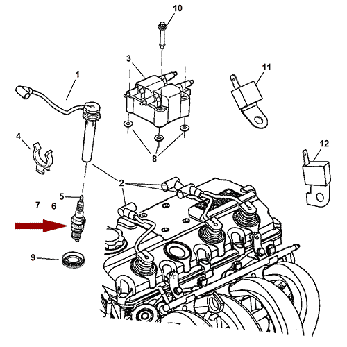 Схема расположения свечи зажигания на Крайслере ПТ Крузере 06–10 года выпуска