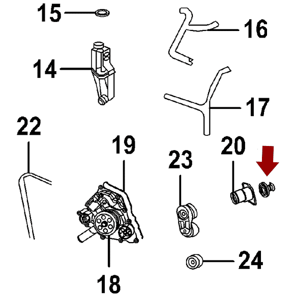 Схема расположения термостата на Крайслере 300С 05-14 годов выпуска