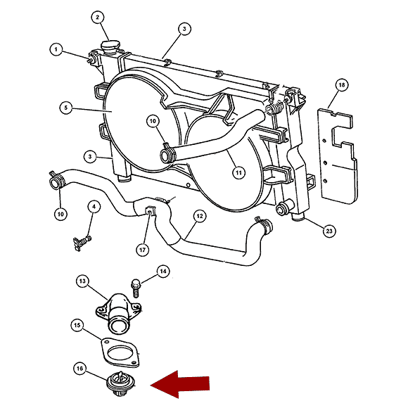 Схема расположения термостата на Крайслере Вояджер 96-07 годов выпуска