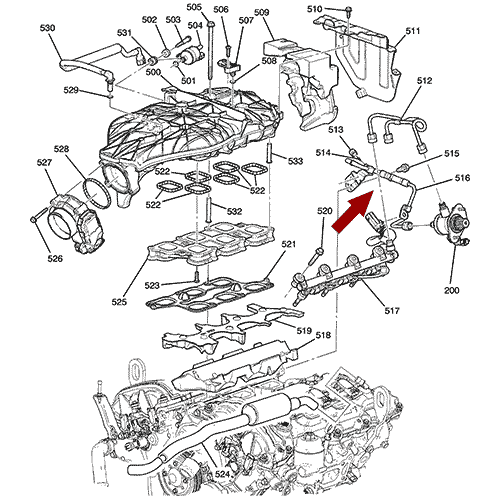 Схема расположения трубки топливной на Cadillac CTS | Кадиллак ЦТС 10–17 года выпуска
