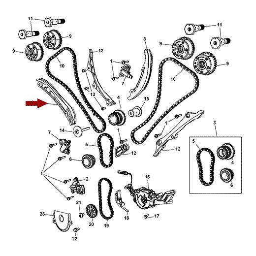 Схема расположения успокоителя для цепи ГРМ на Крайслере 11–17 года выпуска