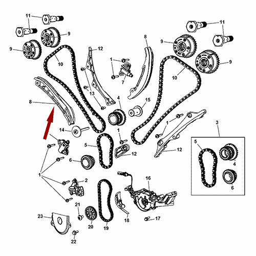 Схема расположения успокоителя для цепи ГРМ на Крайслере Таун Кантри 11–16 года выпуска