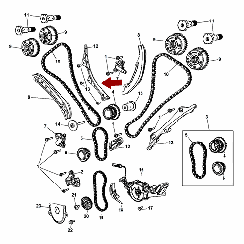 Схема расположения успокоителя цепи ГРМ на Крайслер 300С 3.6 л 11–17 года выпуска