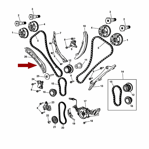 Схема расположения успокоителя цепи ГРМ Chrysler 300C | Крайслер 300 11–17 года выпуска