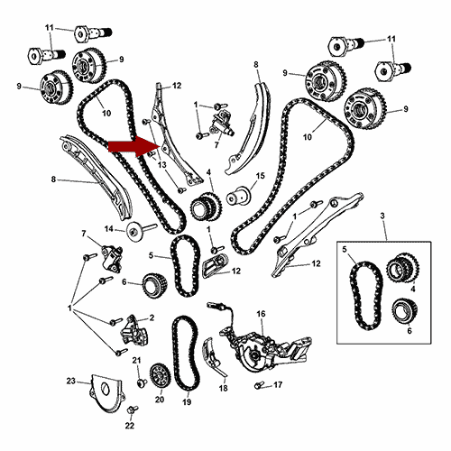 Схема расположения успокоителя цепи ГРМ на Крайслер Таун Кантри  3.6 л 11–16 года выпуска