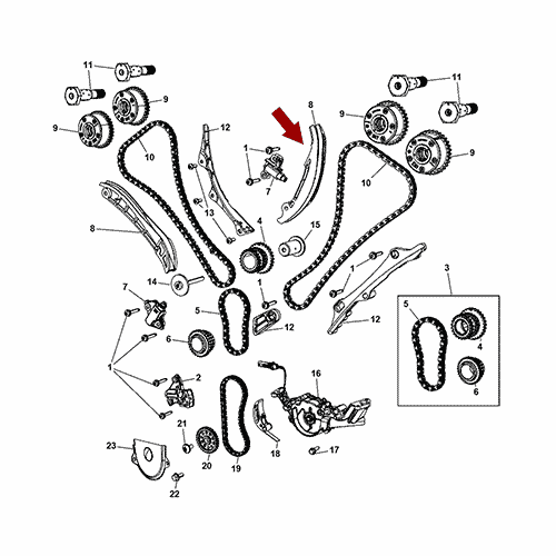 Схема расположения успокоителя цепи ГРМ Chrysler Town&Country | Крайслер Таун Кантри 11–16 года выпуска