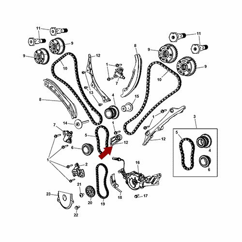 Схема расположения успокоителя цепи (первичной) ГРМ на Chrysler 300C | Крайслер 300C (Ц) 11–17 года выпуска