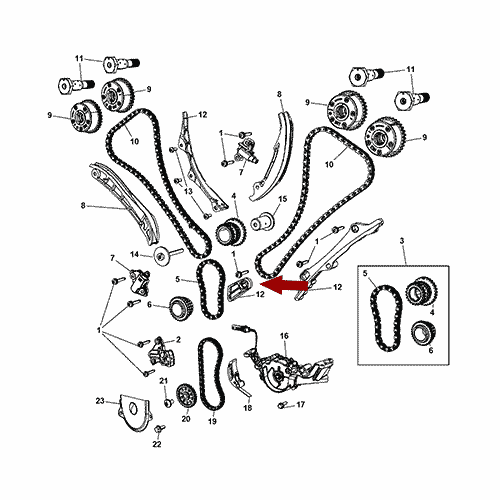 Схема расположения успокоителя цепи (первичной) ГРМ на Chrysler Town & Country | Крайслер Таун Кантри 11–16 года выпуска