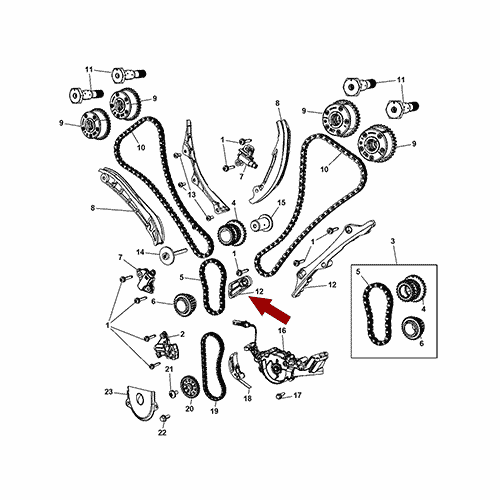 Схема расположения успокоителя цепи (первичной) ГРМ на Dodge Avenger | Додж Авенджер 11–14 года выпуска
